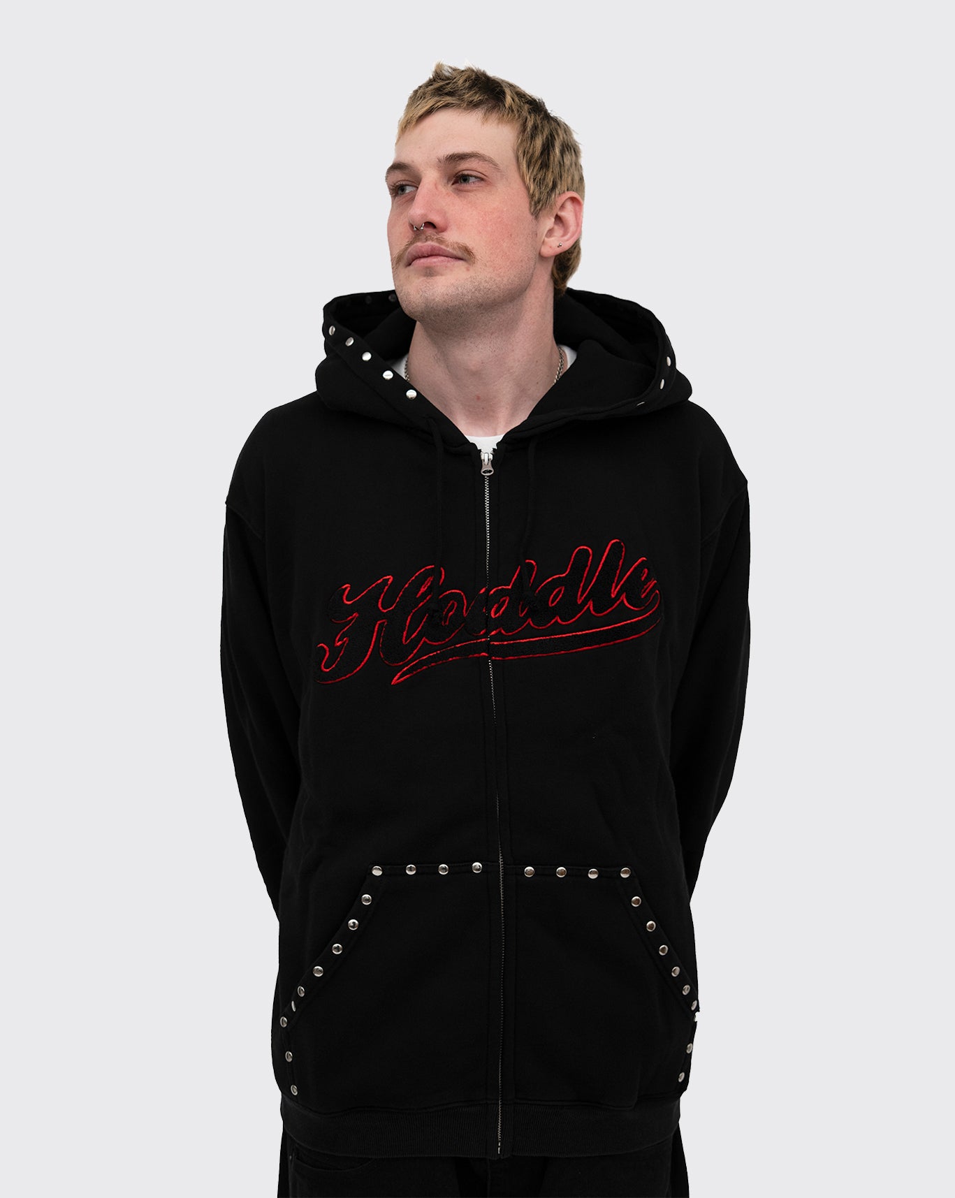 Hoddle Intarsia Script Zip Up Hoodie - Black
