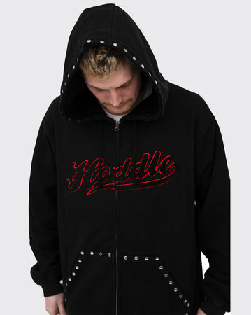 Hoddle Intarsia Script Zip Up Hoodie - Black