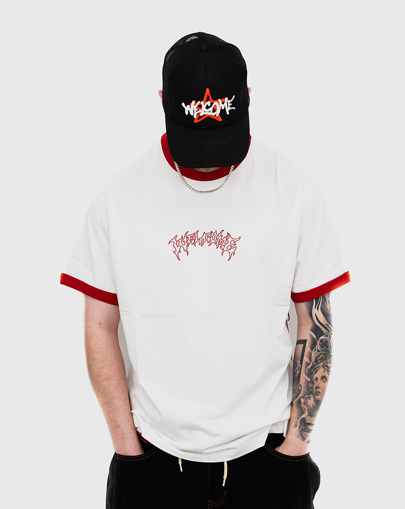 Welcome Barb Ringer Shirt - White/Red